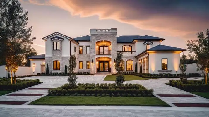 A modern mansion with a landscaped garden at dusk