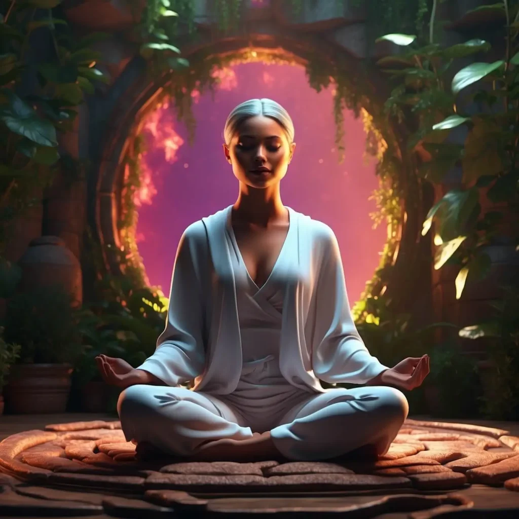 A woman meditating before a glowing portal