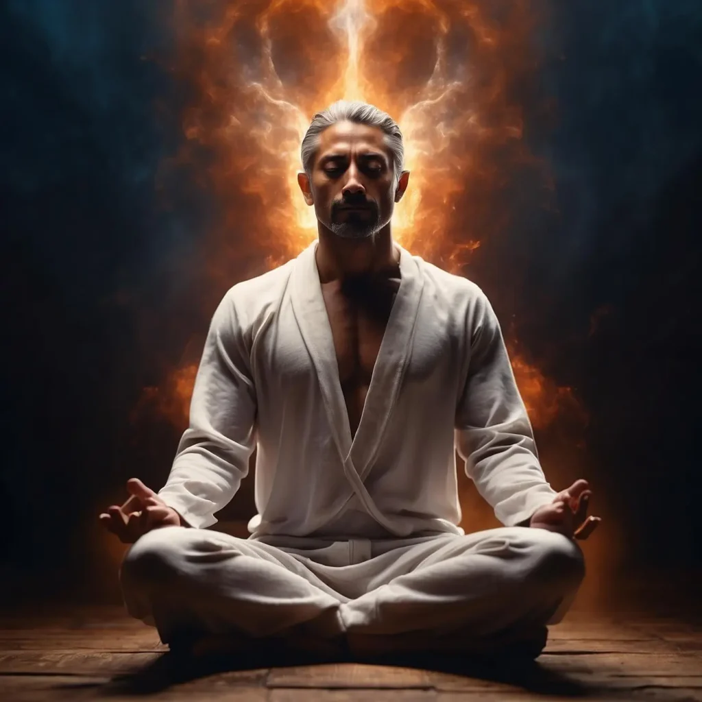 A man meditating, radiating light